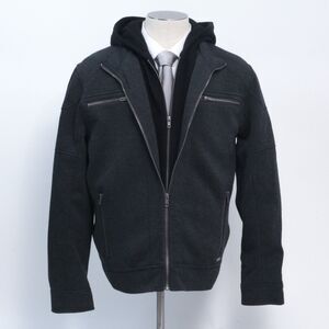 G by Guess Men's Charcoal Gray Full-Zip Hooded Casual Double Moto Jacket, Large